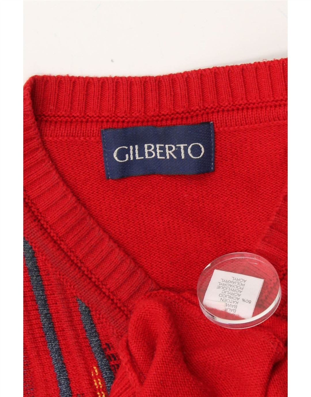 GILBERTO Mens V-Neck Jumper Sweater IT 50 Medium Red Striped Cotton Vintage Gilberto and Second-Hand Gilberto from Messina Hembry 