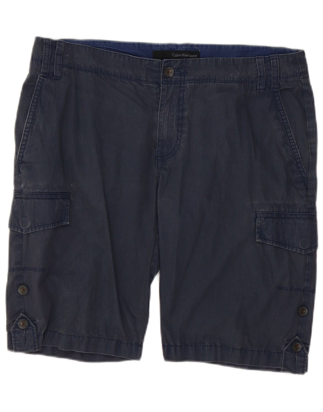 Calvin Klein Herren Cargo-Shorts W33 Mittelblaue Nadelstreifen-Baumwolle