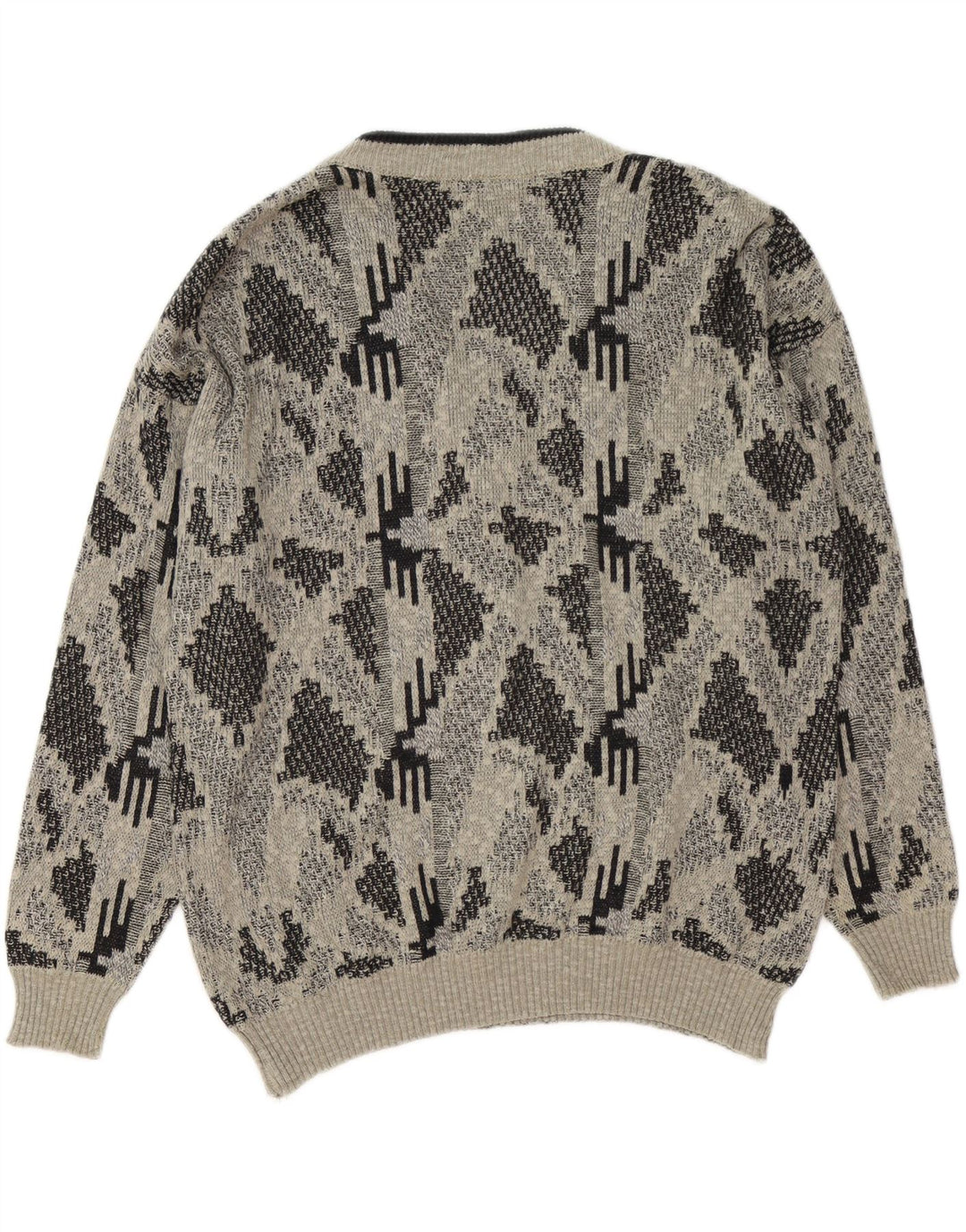 VINTAGE Mens V-Neck Jumper Sweater XL Grey Geometric