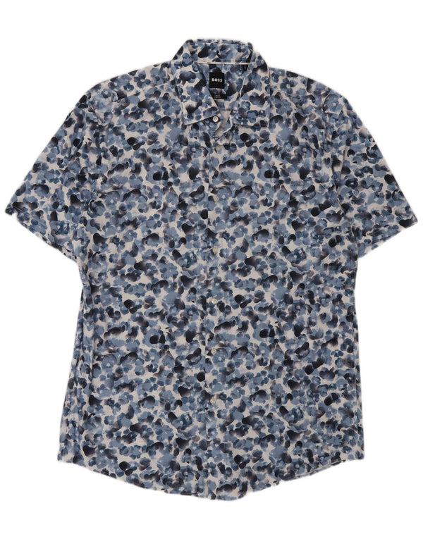 Hugo Boss Herren Stretch-Kurzarmhemd Größe 43 17 XL Blau geblümt