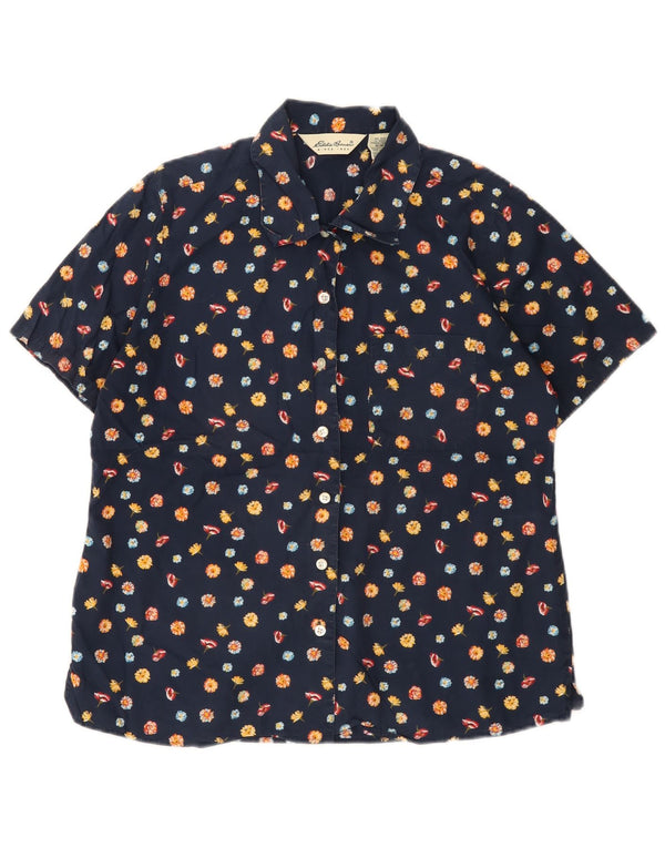 Eddie Bauer Damen Kurzarmhemd UK 14 Medium Navy Blue Floral Cotton