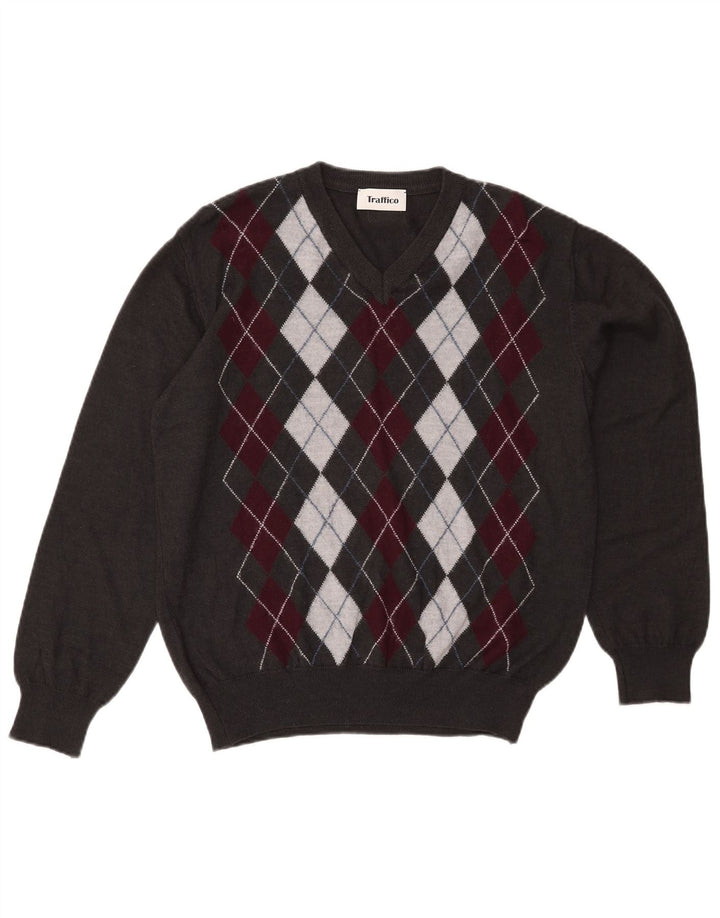 Vintage Herren Pullover mit V-Ausschnitt XL Grau Argyle/Diamond Wool