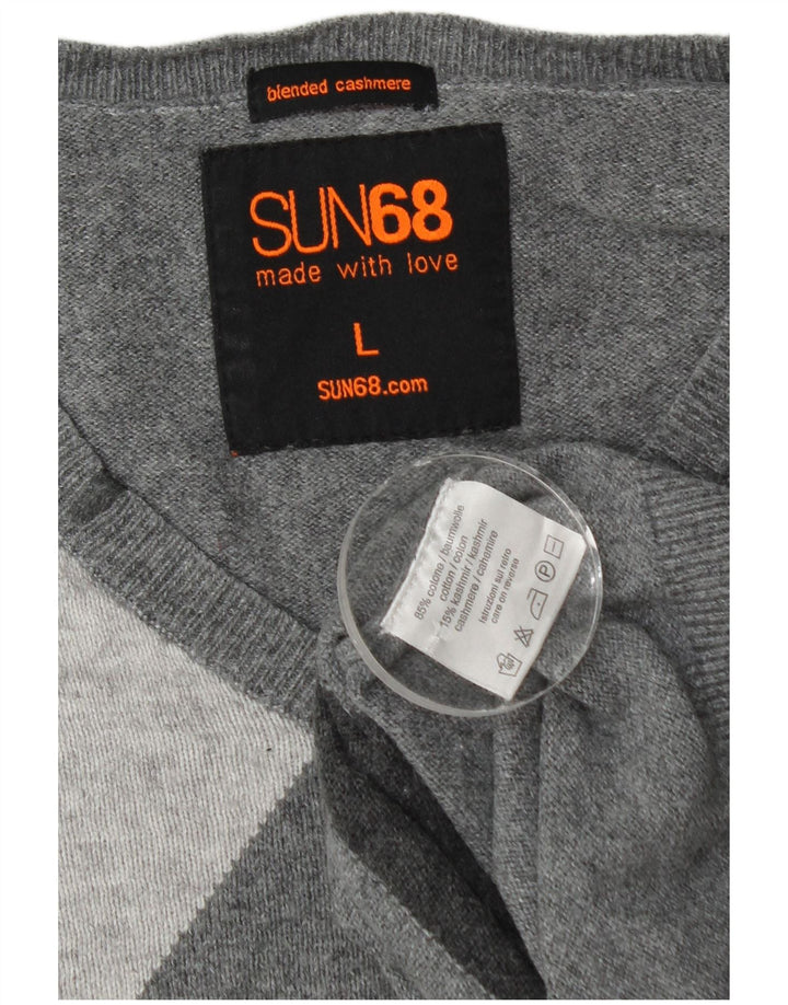 Sun68 Herren-Pullover mit V-Ausschnitt, groß, graue Argyle-/Diamant-Baumwolle