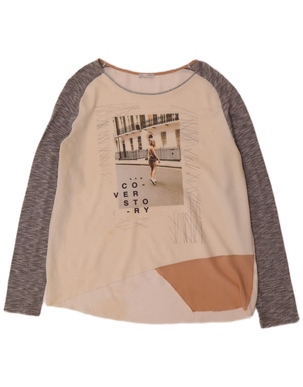 Zara Damen Graphic Top Langarm UK 16 Large Weiß Colourblock