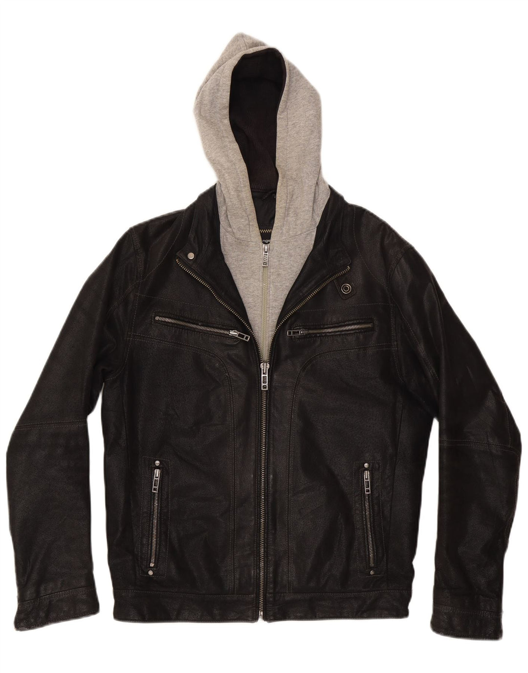 Angelo Litrico Herren-Lederjacke mit Kapuze, UK 36, Small, Schwarz, Farbblock