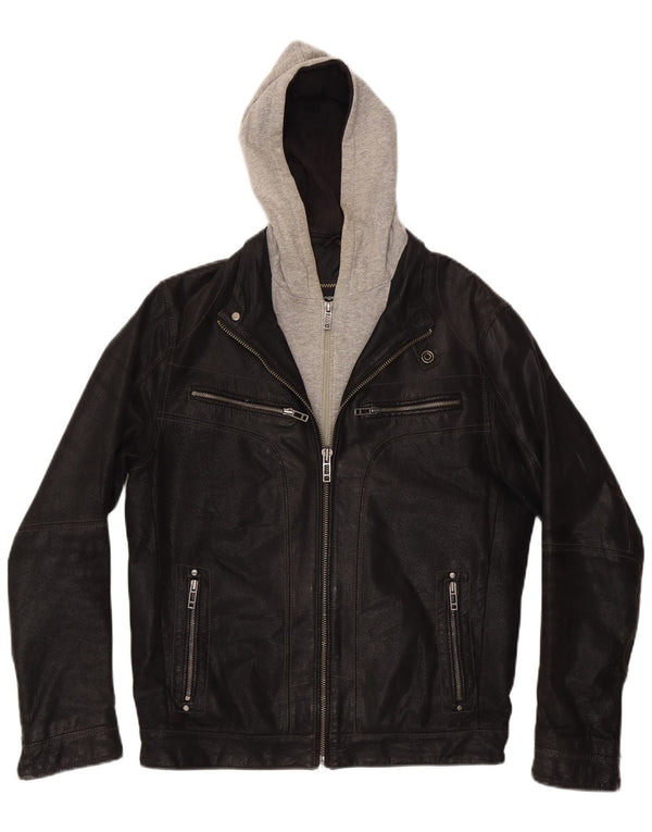 Angelo Litrico Herren-Lederjacke mit Kapuze, UK 36, Small, Schwarz, Farbblock