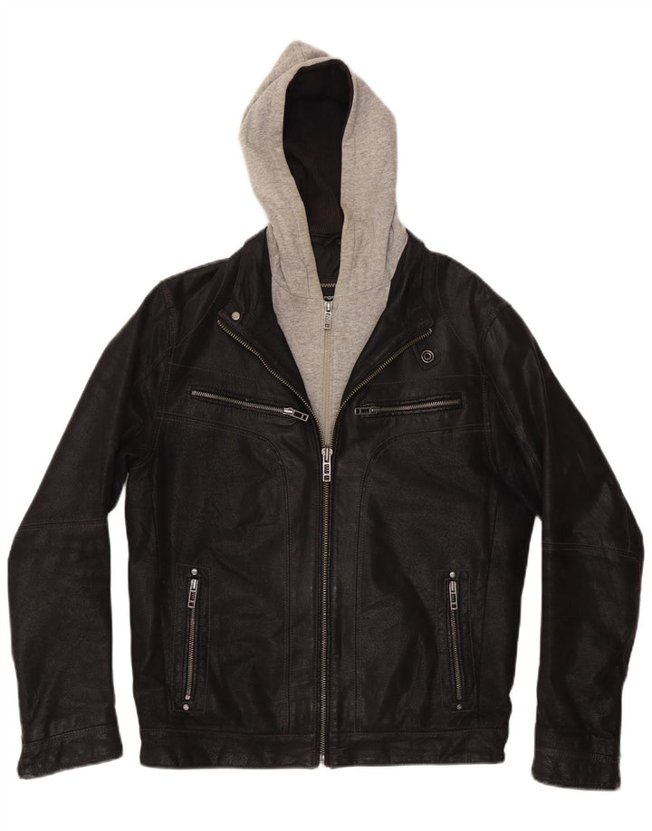 Angelo Litrico Herren-Lederjacke mit Kapuze, UK 36, Small, Schwarz, Farbblock