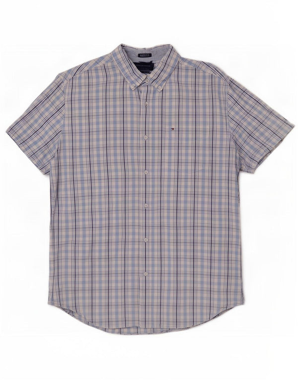 Tommy Hilfiger Herren Kurzarm-Hemd mit individueller Passform, XL, blau kariert, Baumwolle