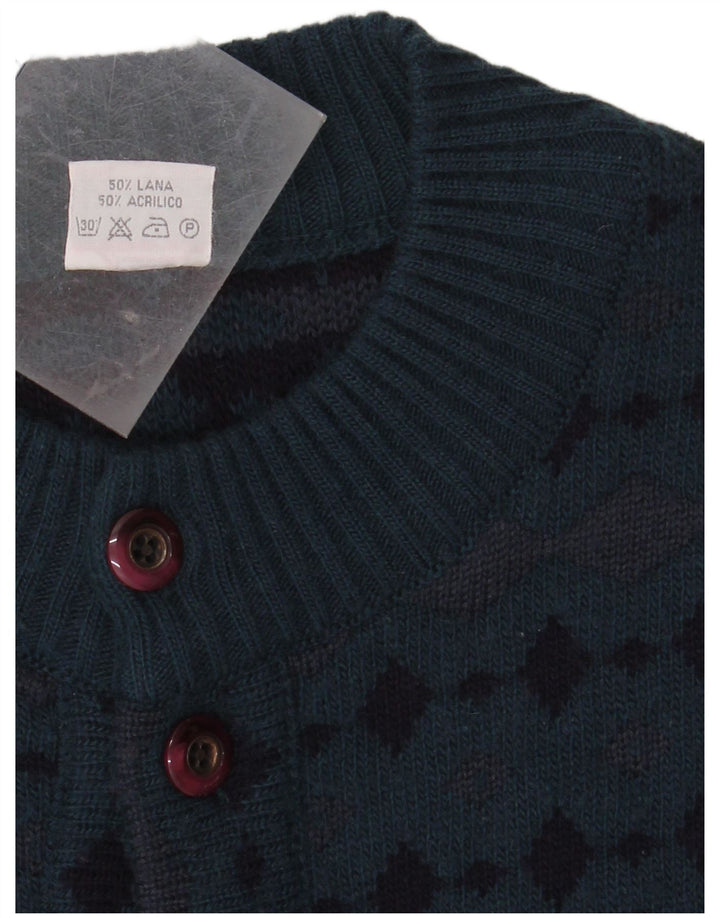BERNARDINI Herren-Cardigan-Pullover Mittelblaues Argyle-/Diamant-Wollmuster