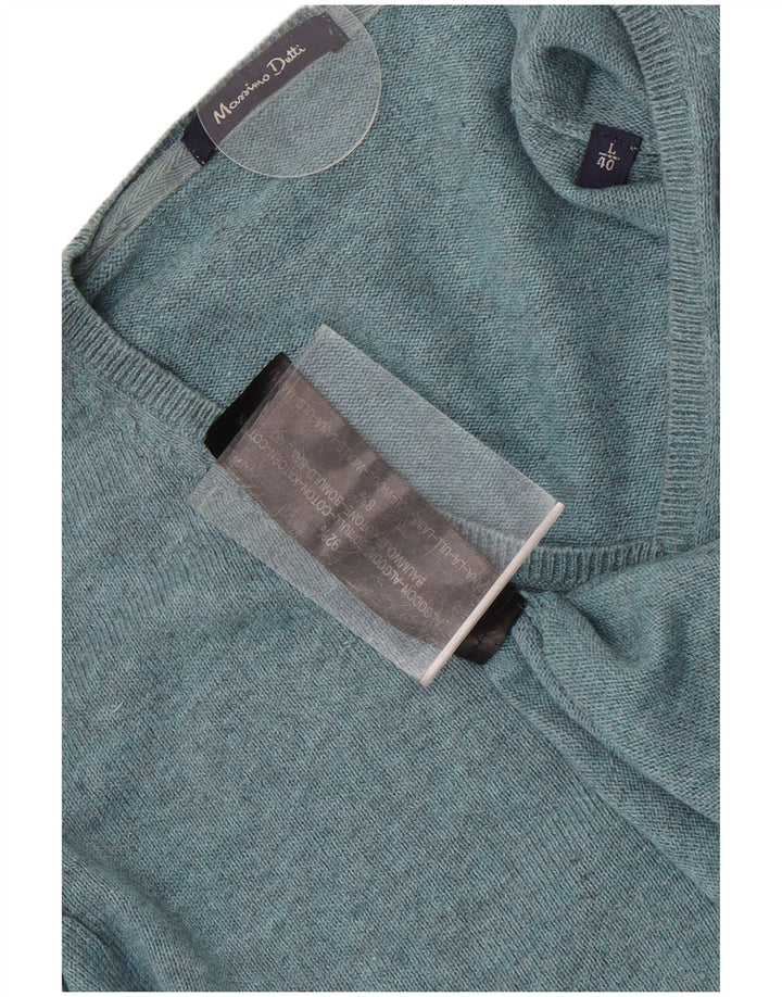 Massimo Dutti Herren-Pullover mit V-Ausschnitt, groß, aus blauer Baumwolle