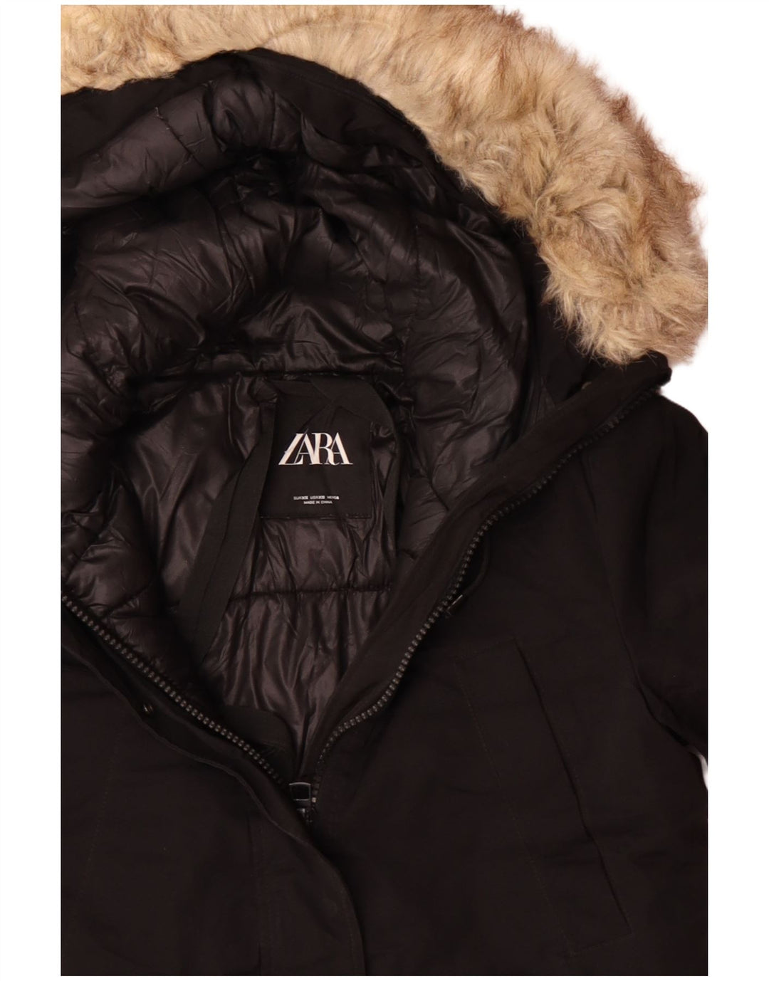 Übergroße Parka-Jacke mit Kapuze von Zara für Damen, Gr. 6, XS, Schwarz, Polyester