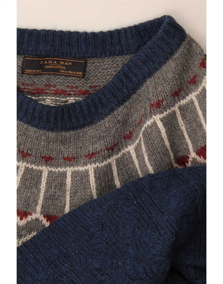 Zara Herren-Pullover mit U-Boot-Ausschnitt, mittleres Marineblau, Fair Isle-Muster