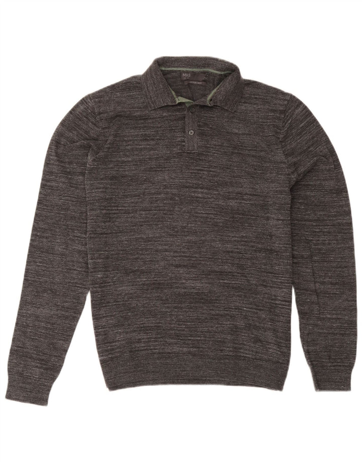 Marks & Spencer Herren-Polo-Pullover aus mittelgrau gesprenkelter Baumwolle
