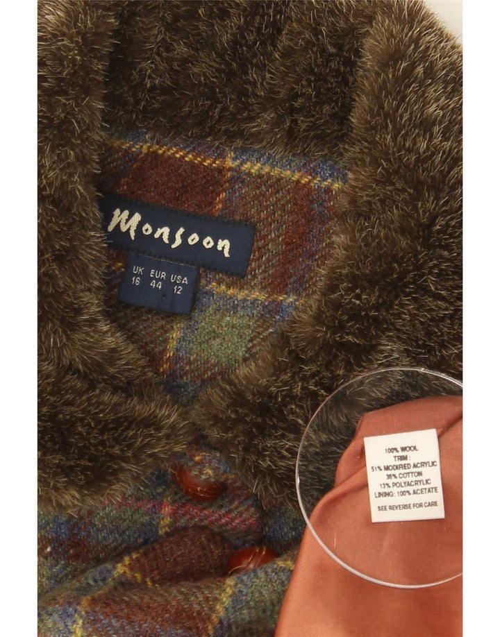 Monsoon Damen-Blazerjacke mit 5 Knöpfen, Gr. 16, groß, grün kariert, Wolle