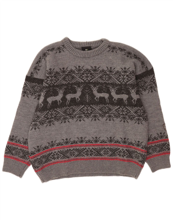 Hot Stuff Herren-Pullover mit Rundhalsausschnitt, groß, graue Fair-Isle-Wolle