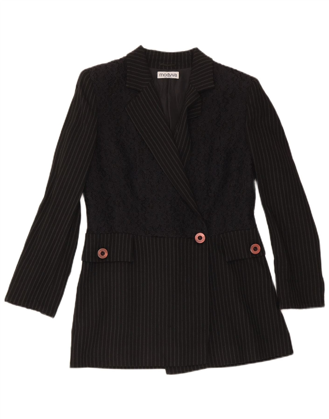 Modyva Damen-Blazer mit 1 Knopf, IT 42, mittelschwarz, gestreift, Wolle