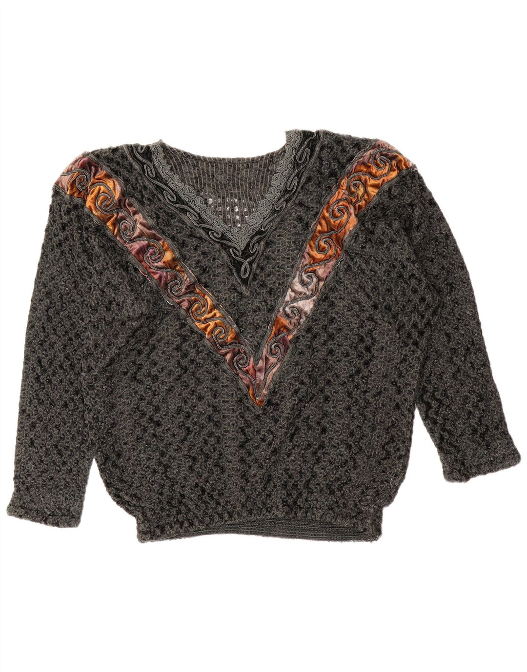 Vintage Damen V-Ausschnitt Pullover Pullover UK 14 Large Grau Colourblock