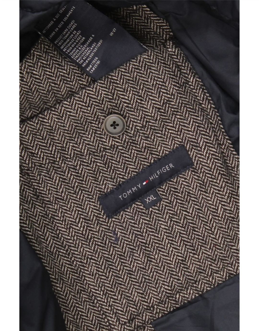 Tommy Hilfiger Herren Wattierte Jacke UK 44 2XL Graue Fischgrätenwolle