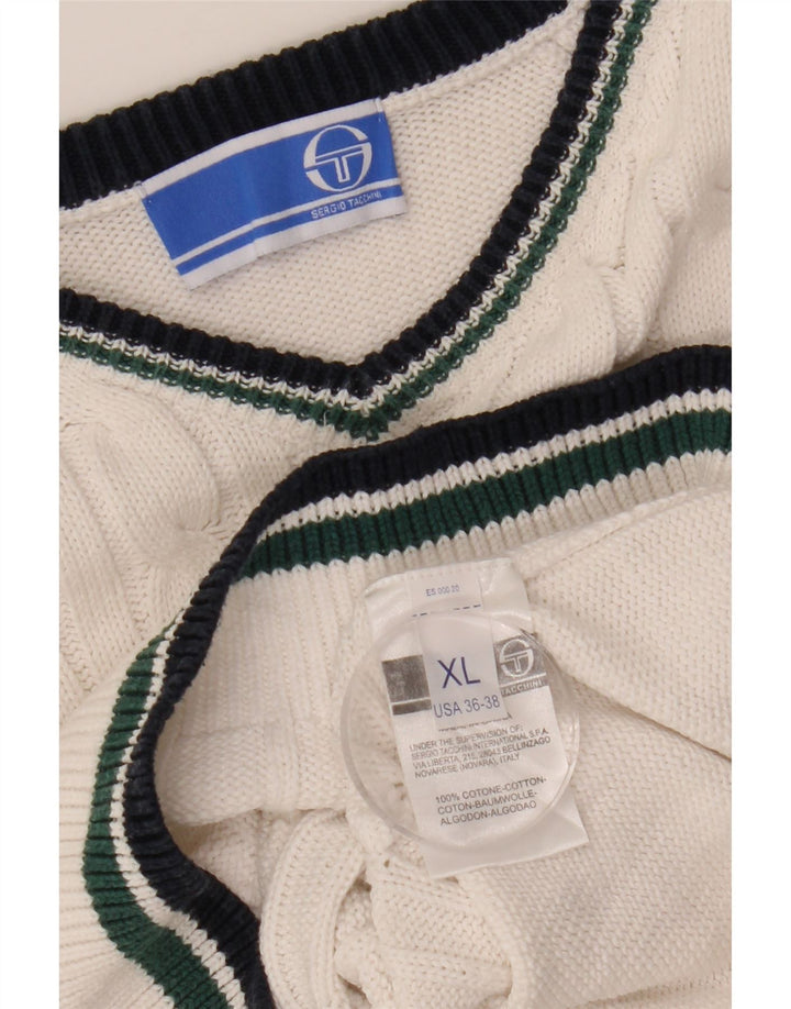 Sergio Tacchini Herren-Pullover mit V-Ausschnitt, XL, weiße Baumwolle