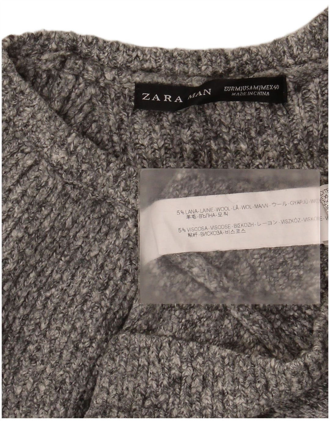 Zara Herren-Pullover mit U-Boot-Ausschnitt, mittelgrau gesprenkelte Wolle