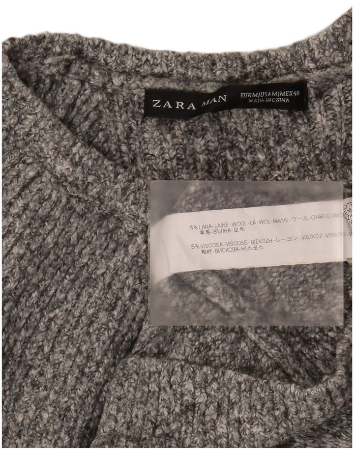 Zara Herren-Pullover mit U-Boot-Ausschnitt, mittelgrau gesprenkelte Wolle