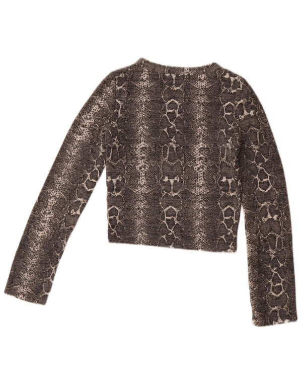 Zara Damen Crop Top Langarm UK 8 Small Graue Viskose mit Animal-Print
