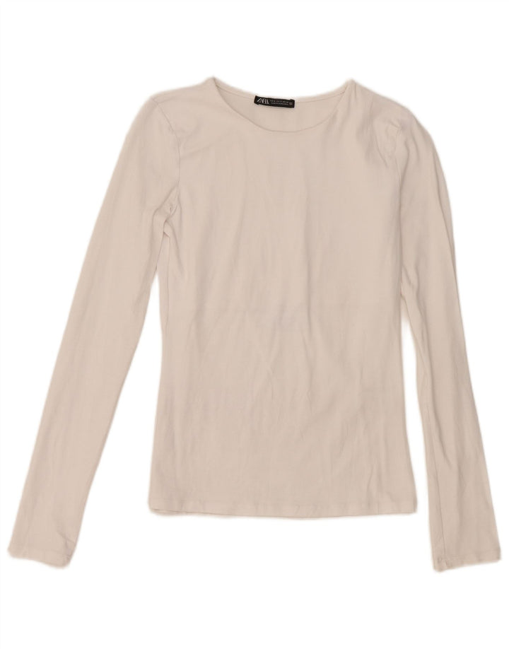 Zara Damen Top Langarm UK 8 Small Weiße Baumwolle