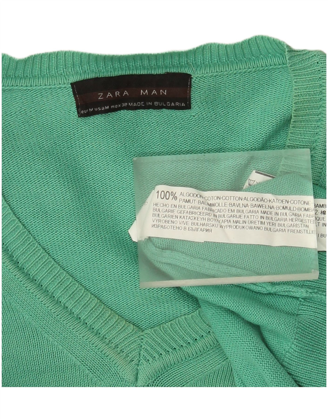 Zara Herren-Pullover mit V-Ausschnitt aus mittelgrüner Baumwolle