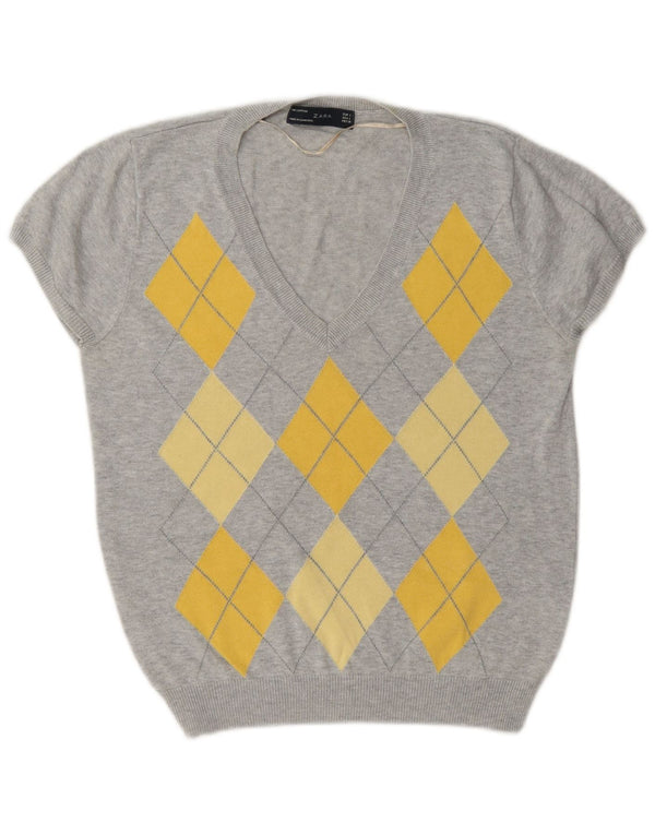 Zara Womens V-Neck Jumper Sweater UK 14 Large Grey Argyle/Diamond