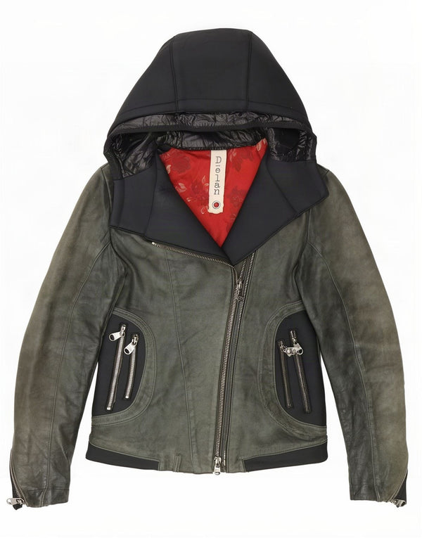 Delan Damen-Bikerjacke aus Leder mit Kapuze, IT 42, Mittelgrün, Farbblock