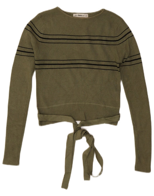 ZARA Damen Pullover mit bauchfreiem U-Boot-Ausschnitt, Gr. 12, mittleres Khaki, gestreift