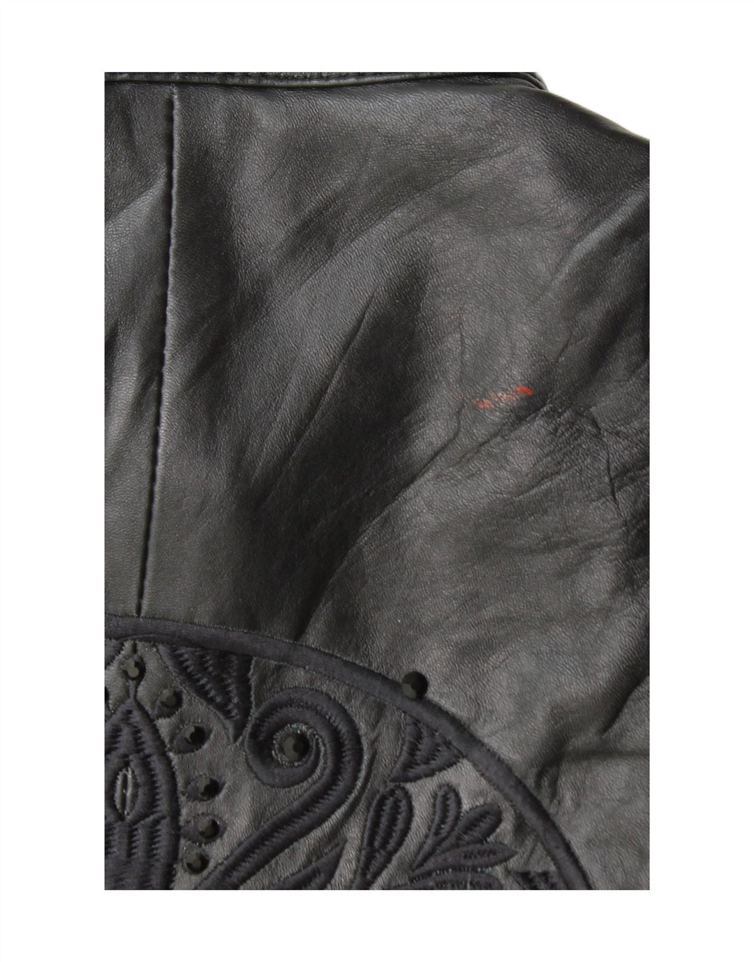 Vintage Damen-Bikerjacke aus grafischem Leder, EU 38, mittelschwarzes Leder