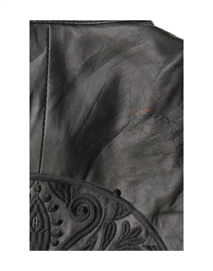 Vintage Damen-Bikerjacke aus grafischem Leder, EU 38, mittelschwarzes Leder