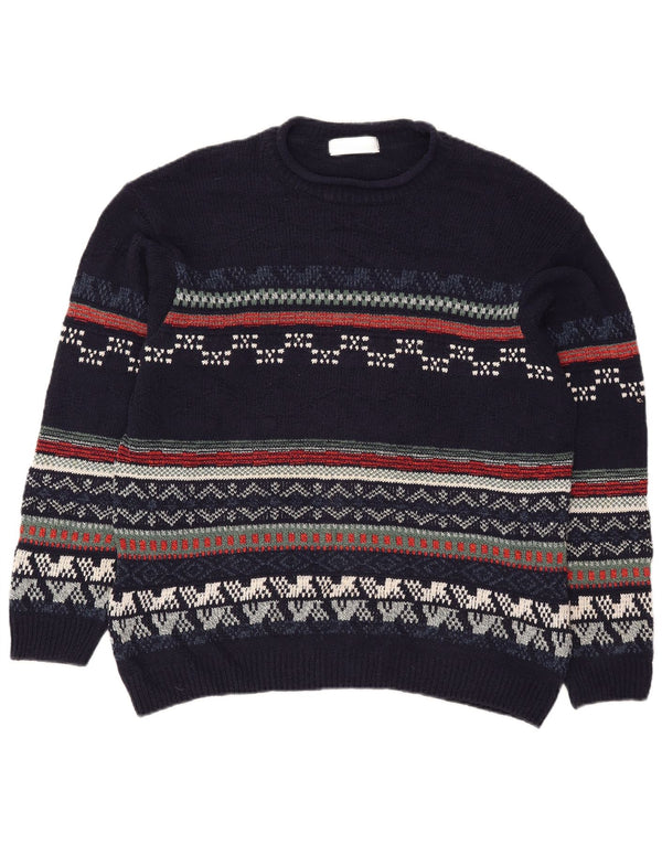 Marks & Spencer Herren-Pullover mit Rundhalsausschnitt, Größe L, Marineblau, Fair Isle-Muster