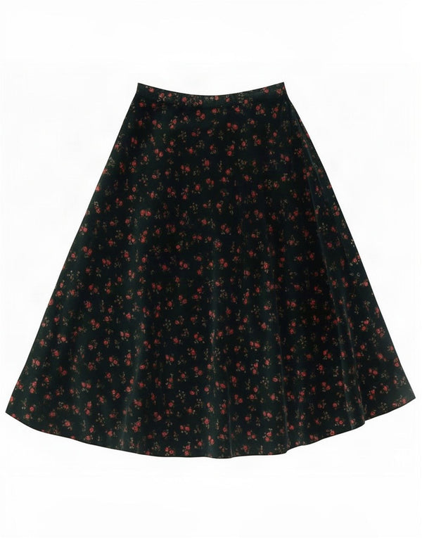 Vintage Damen-Samt-A-Linien-Rock mit hoher Taille, 2XS W22, grünes Blumenmuster