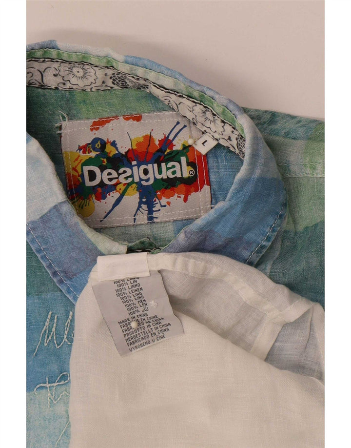 Desigual Herren Grafik-Kurzarmhemd, großes weißes Karo-Leinen