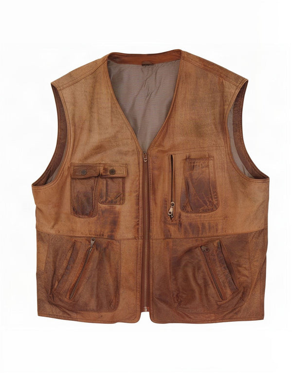 Vintage Mens Leather Utility Gilet EU 54 2XL Brown