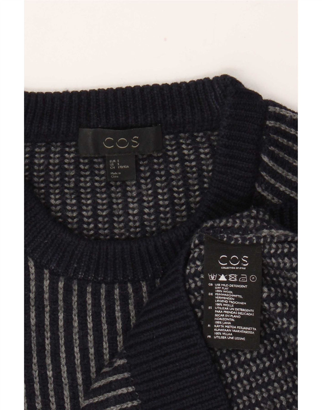 Cos Herren-Pullover mit Rundhalsausschnitt, klein, marineblau, gestreift, Wolle