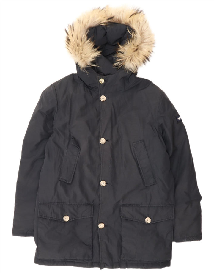 Woolrich Wattierter Jungenmantel mit Kapuze, 15–16 Jahre, marineblaue Baumwolle