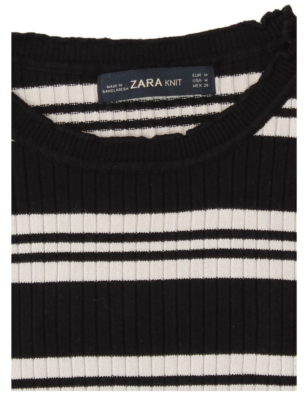 Zara Damen Crop Top Langarm UK 12 Medium Schwarz gestreift