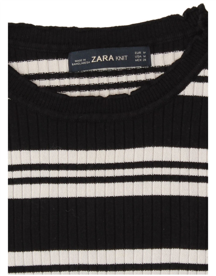 Zara Damen Crop Top Langarm UK 12 Medium Schwarz gestreift