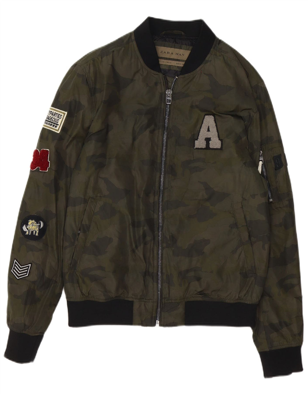 Grafische Herren-Bomberjacke von Zara, Gr. 40, groß, grünes Camouflage-Polyester