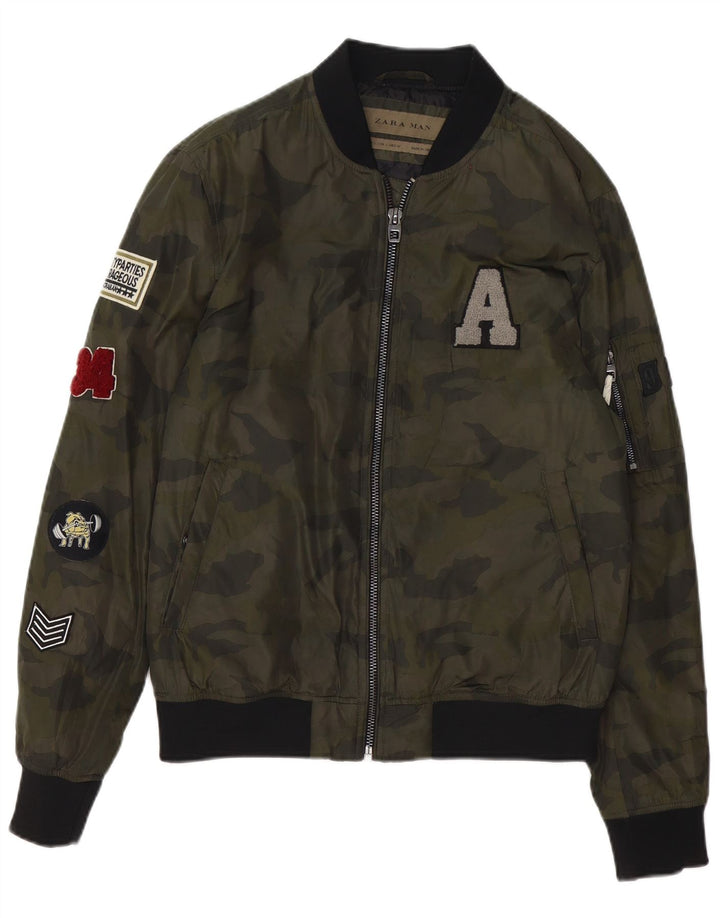 Grafische Herren-Bomberjacke von Zara, Gr. 40, groß, grünes Camouflage-Polyester