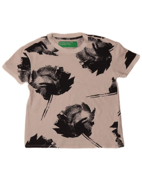 Benetton Damen T-Shirt Top UK 6 XS Weiß geblümte Baumwolle