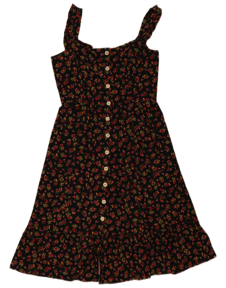 Vintage Damen Sonnenkleid UK 12 Medium Schwarz geblümt