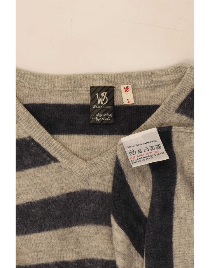 White Stuff Herren-Pullover mit V-Ausschnitt, groß, grau gestreift, Wolle