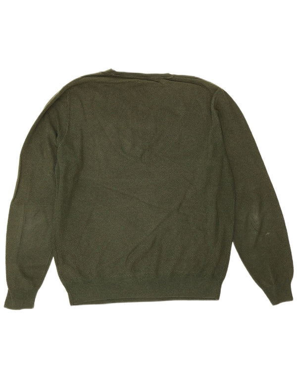 Massimo Dutti Herren-Pullover mit V-Ausschnitt, groß, grüne Baumwolle
