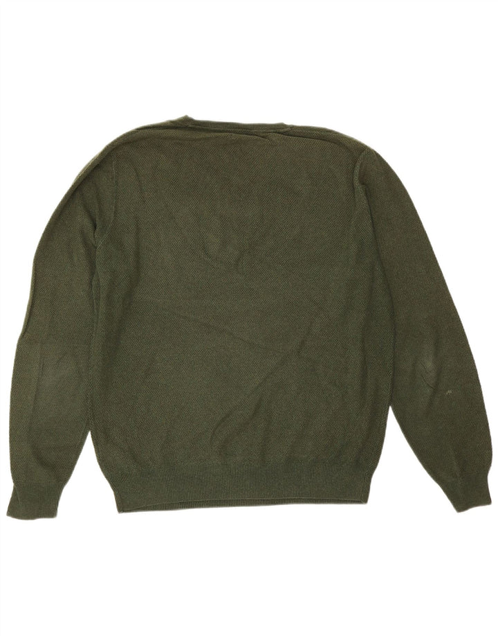 Massimo Dutti Herren-Pullover mit V-Ausschnitt, groß, grüne Baumwolle