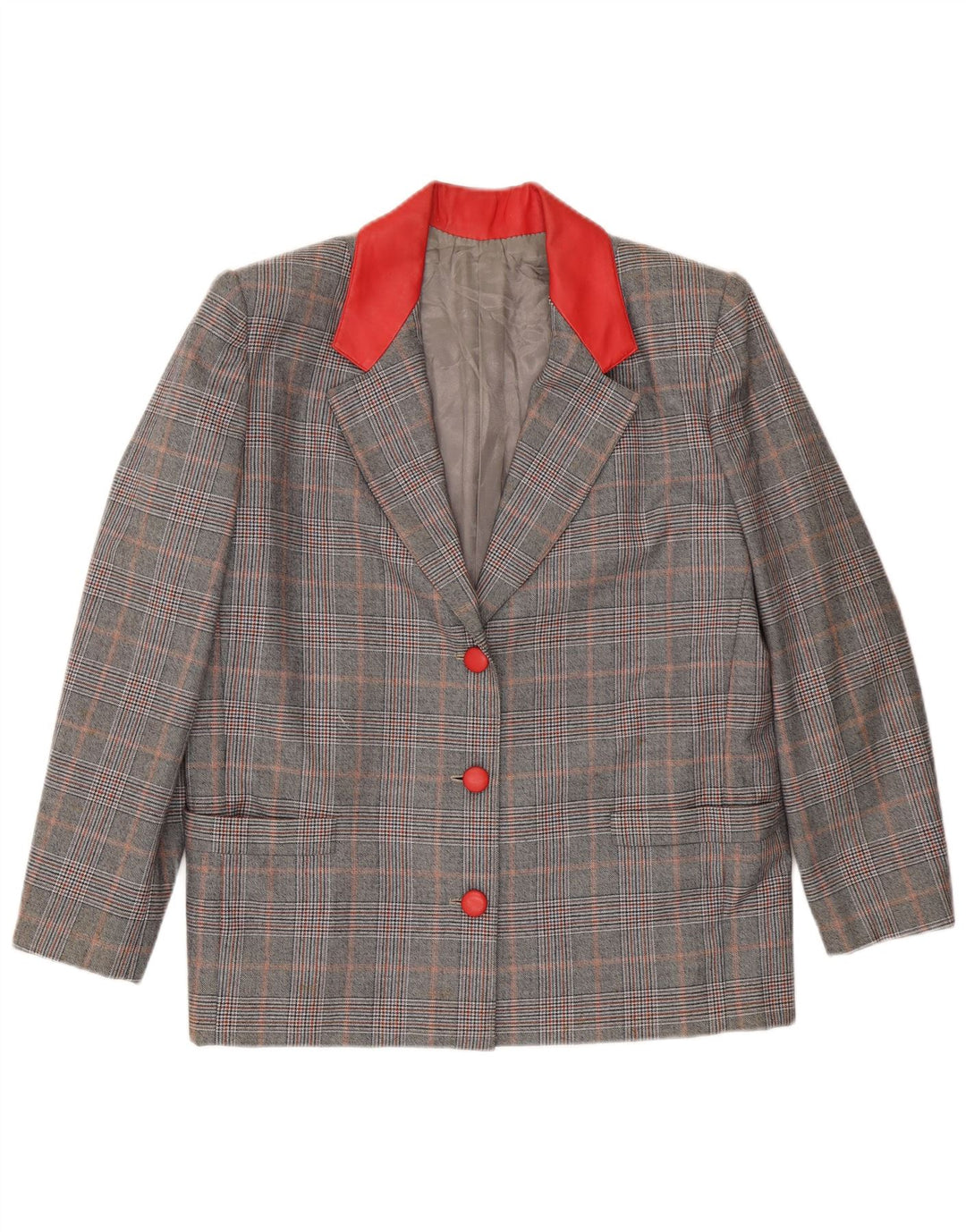 VINTAGE Damen 3-Knopf-Blazerjacke UK 16 Großer grauer Karo