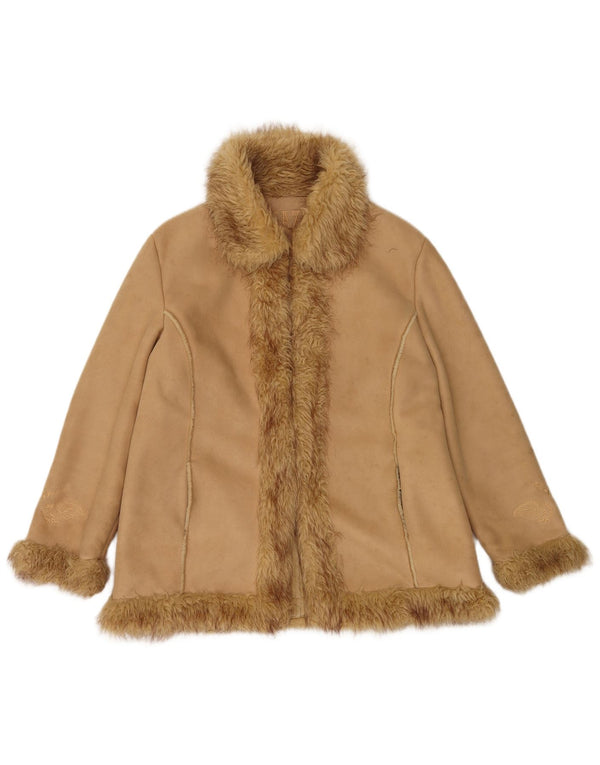 Vintage Damen offene Sherpa-Jacke UK 14 Large Beige Polyester